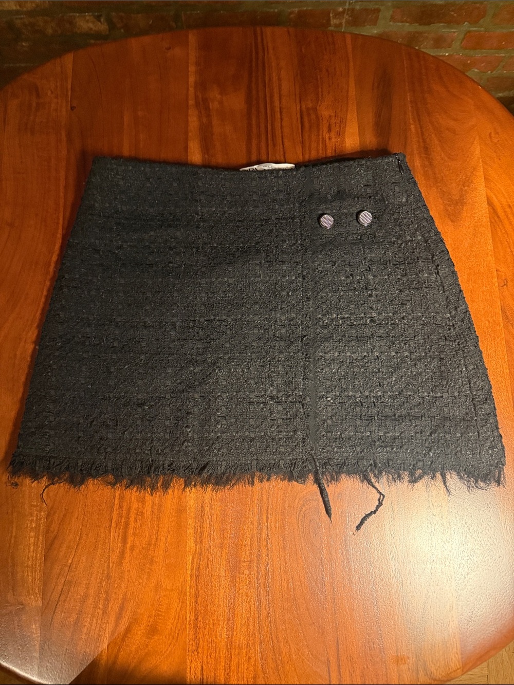 Zara Black Tweed Frayed Hem Mini Skirt with Button Detail